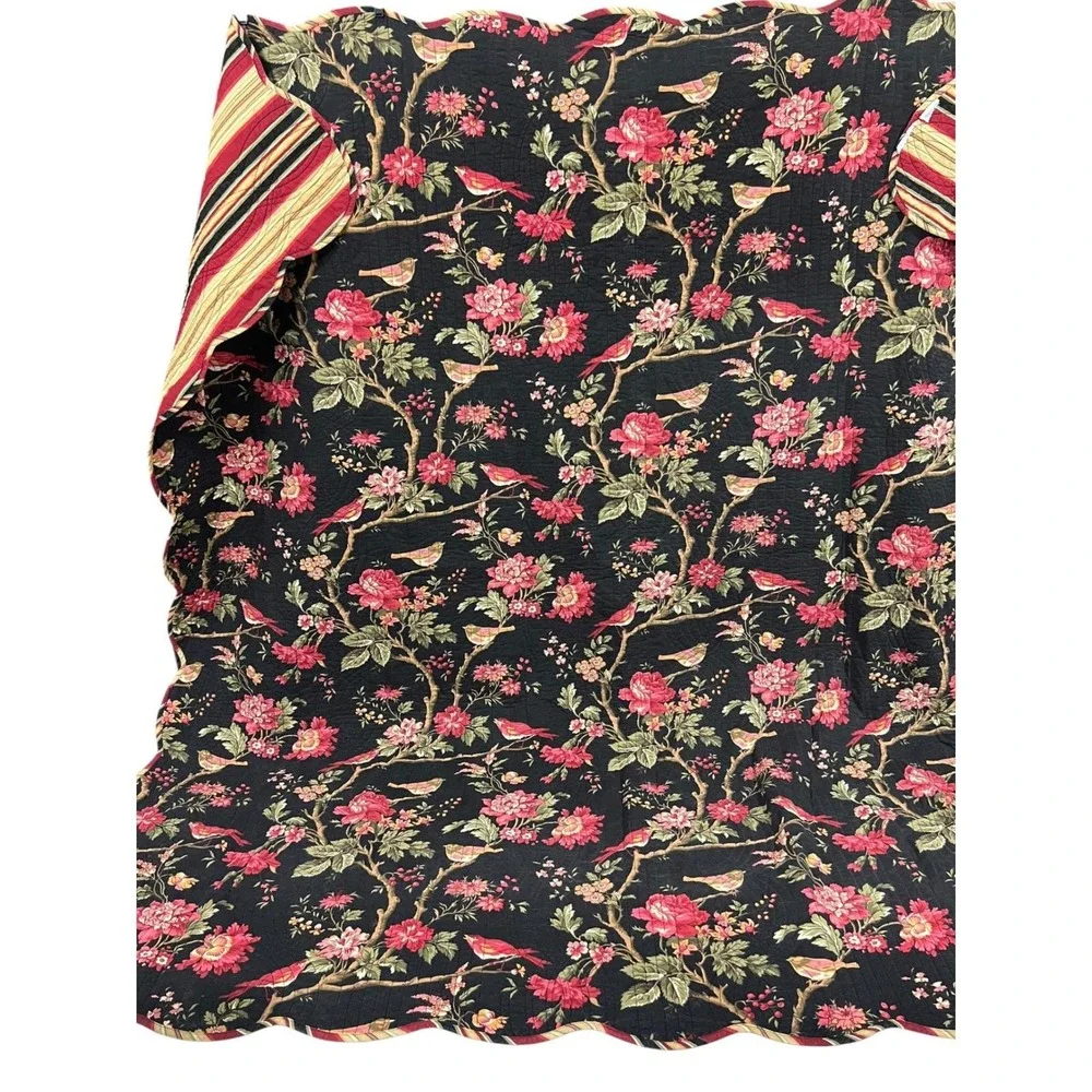 Waverly Floral Bird Quilt Black Cottagecore Bedding Reversible‎ Full Queen 84x88